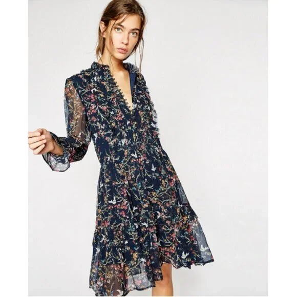 The Kooples Dresses The Kooples Blue Bird Print Dress Floral